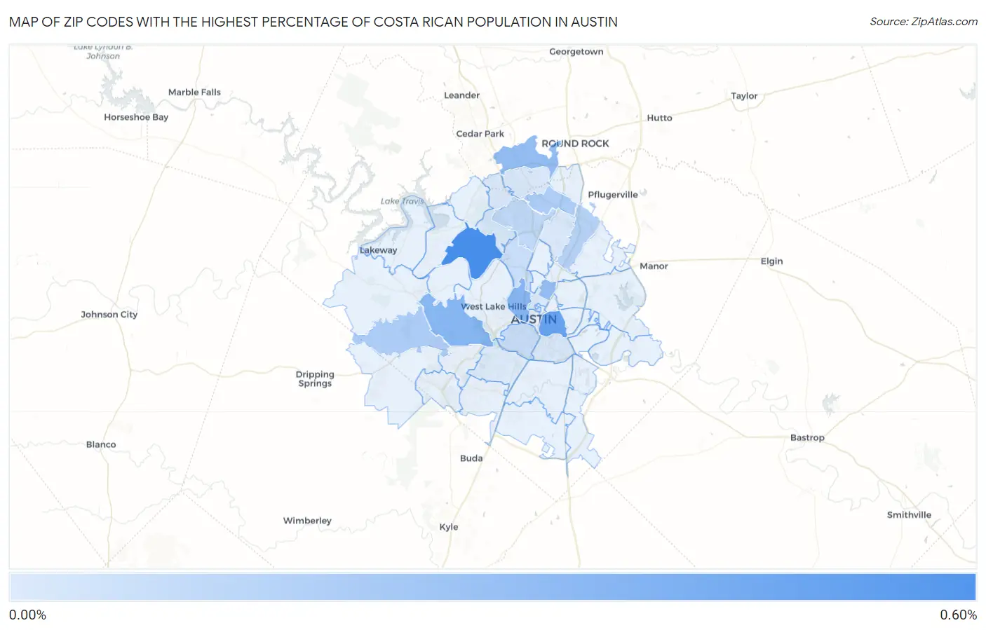 Zip Codes with the Highest Percentage of Costa Rican Population in Austin Map