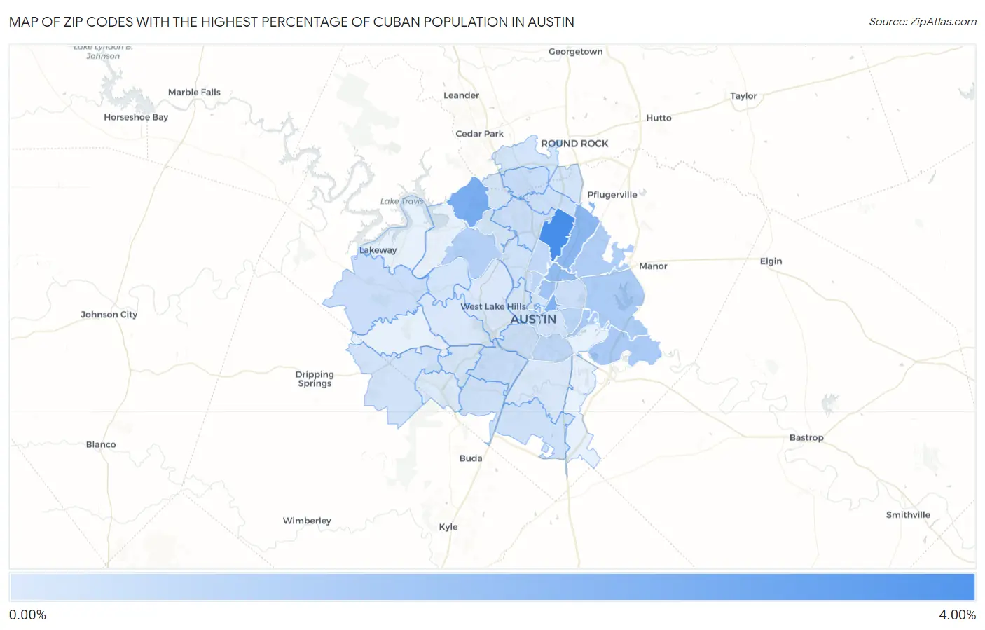 Zip Codes with the Highest Percentage of Cuban Population in Austin Map