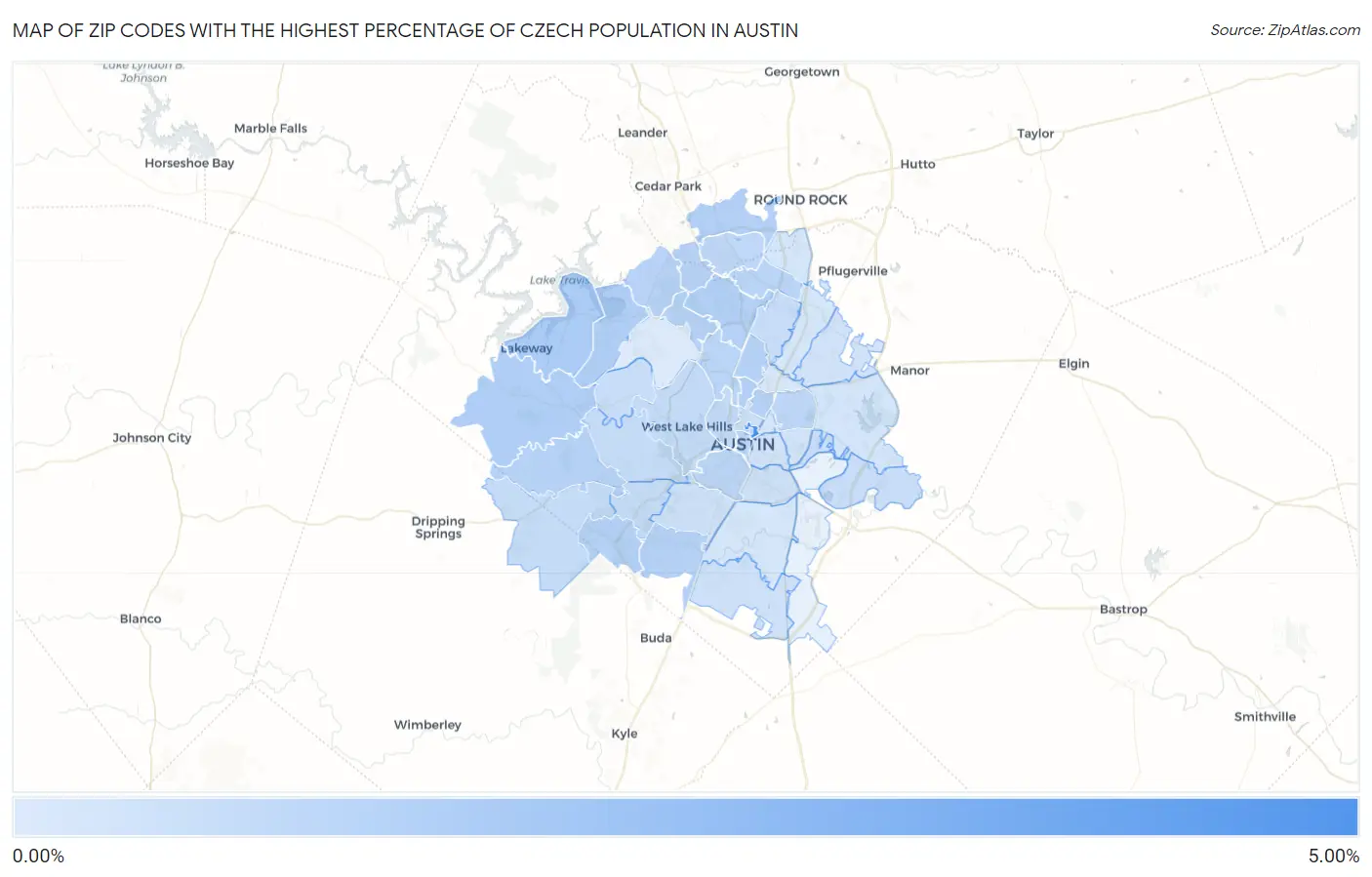 Zip Codes with the Highest Percentage of Czech Population in Austin Map