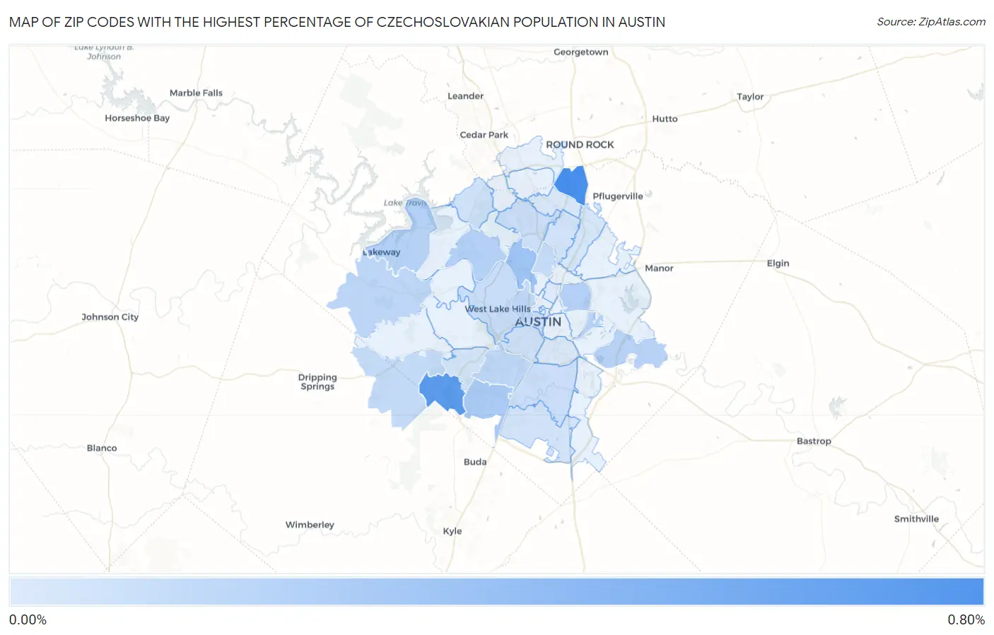 Zip Codes with the Highest Percentage of Czechoslovakian Population in Austin Map