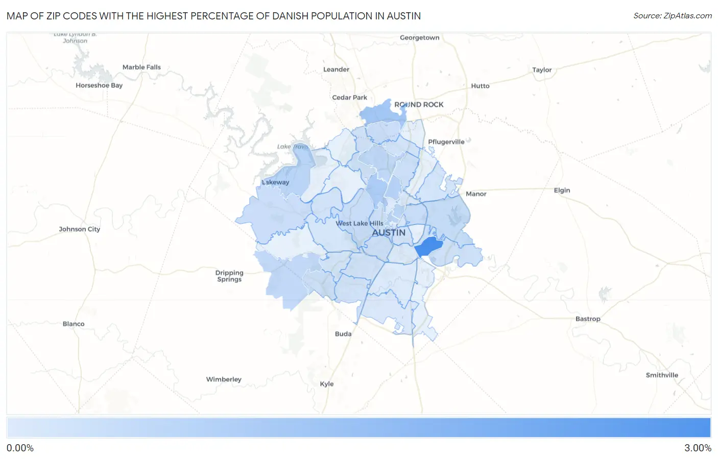 Zip Codes with the Highest Percentage of Danish Population in Austin Map