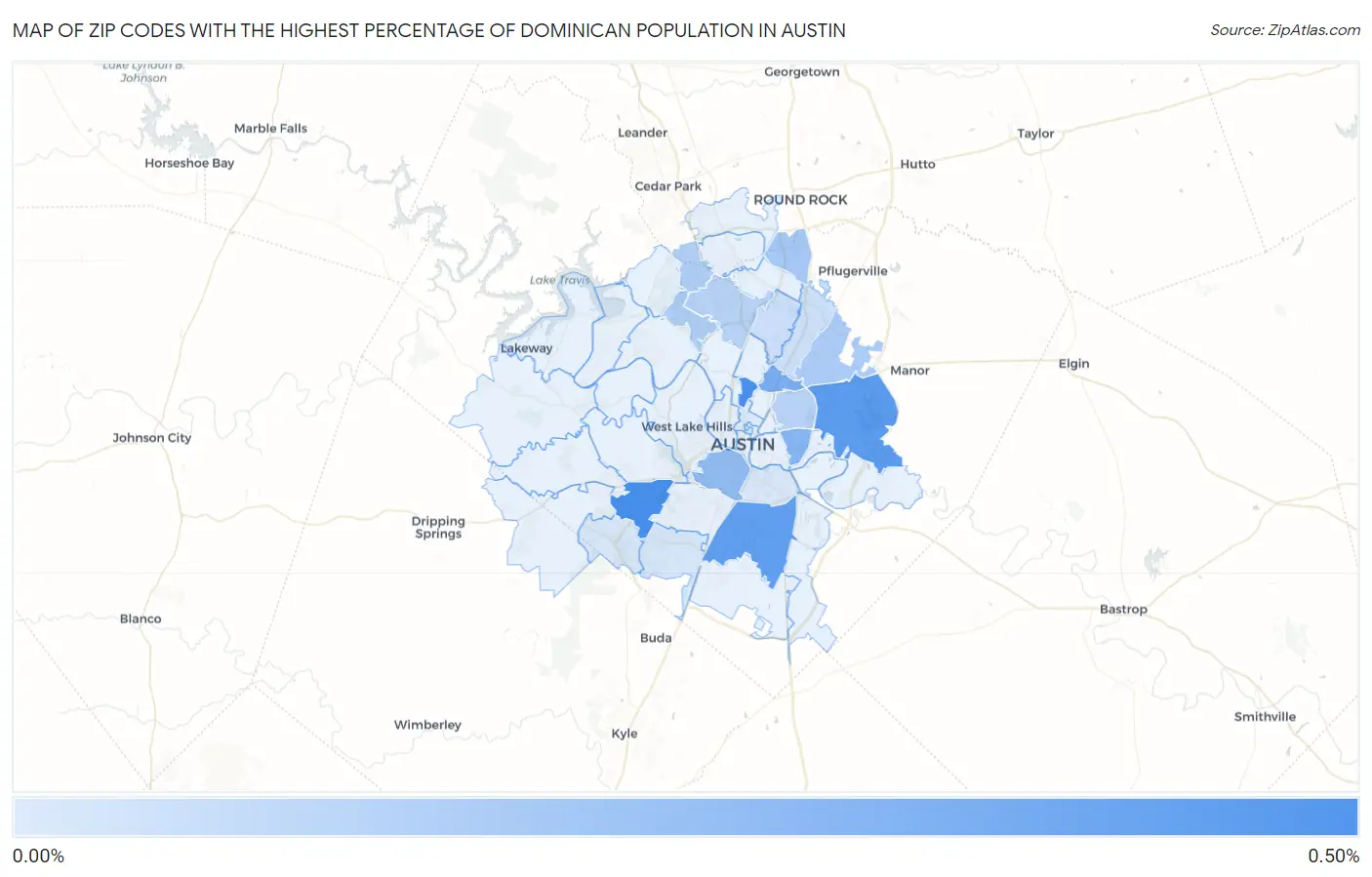 Zip Codes with the Highest Percentage of Dominican Population in Austin Map