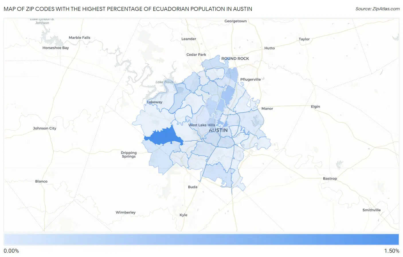 Zip Codes with the Highest Percentage of Ecuadorian Population in Austin Map