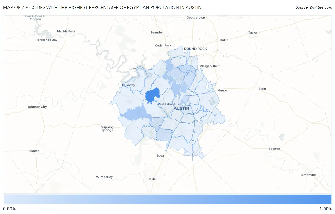 Zip Codes with the Highest Percentage of Egyptian Population in Austin Map