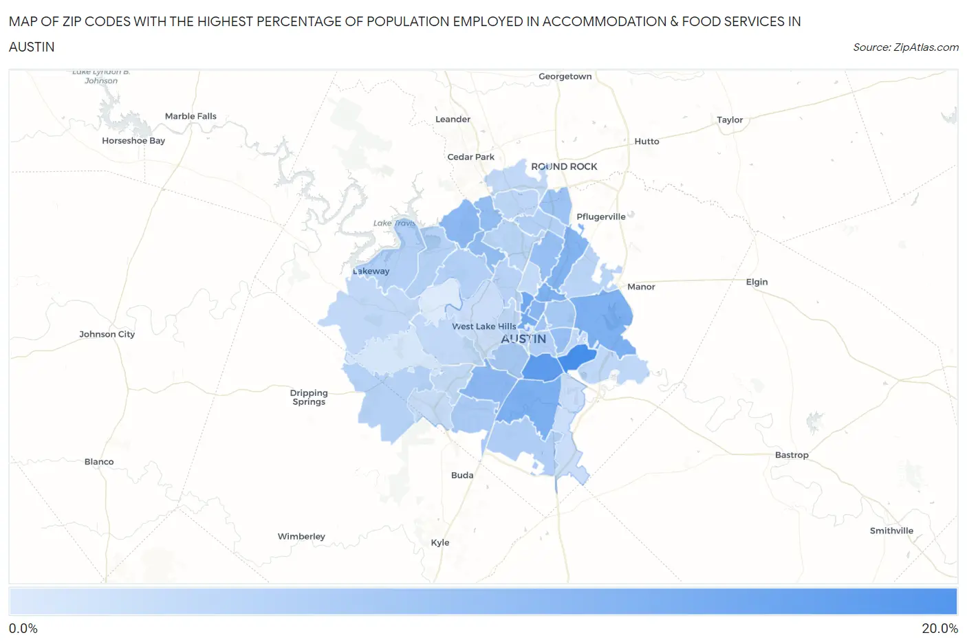 Zip Codes with the Highest Percentage of Population Employed in Accommodation & Food Services in Austin Map