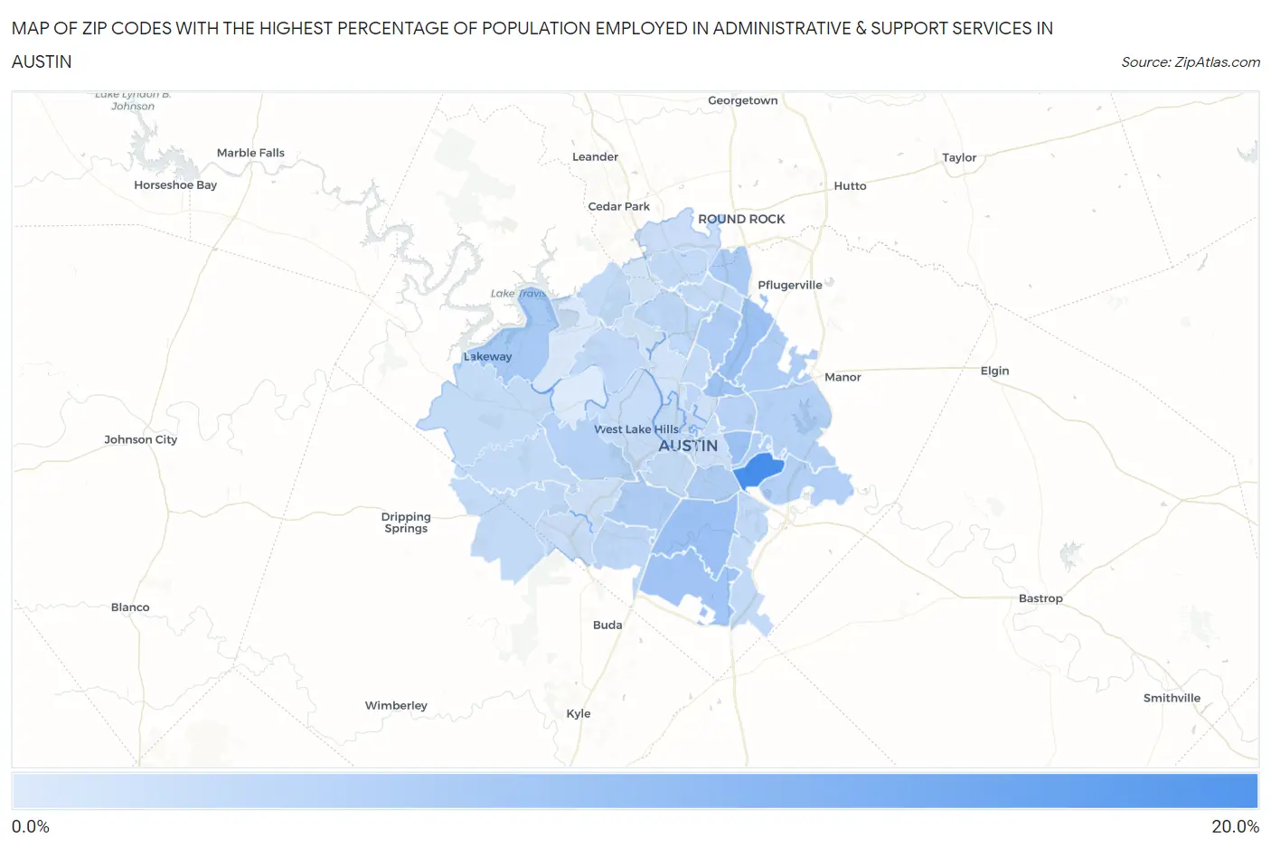 Zip Codes with the Highest Percentage of Population Employed in Administrative & Support Services in Austin Map