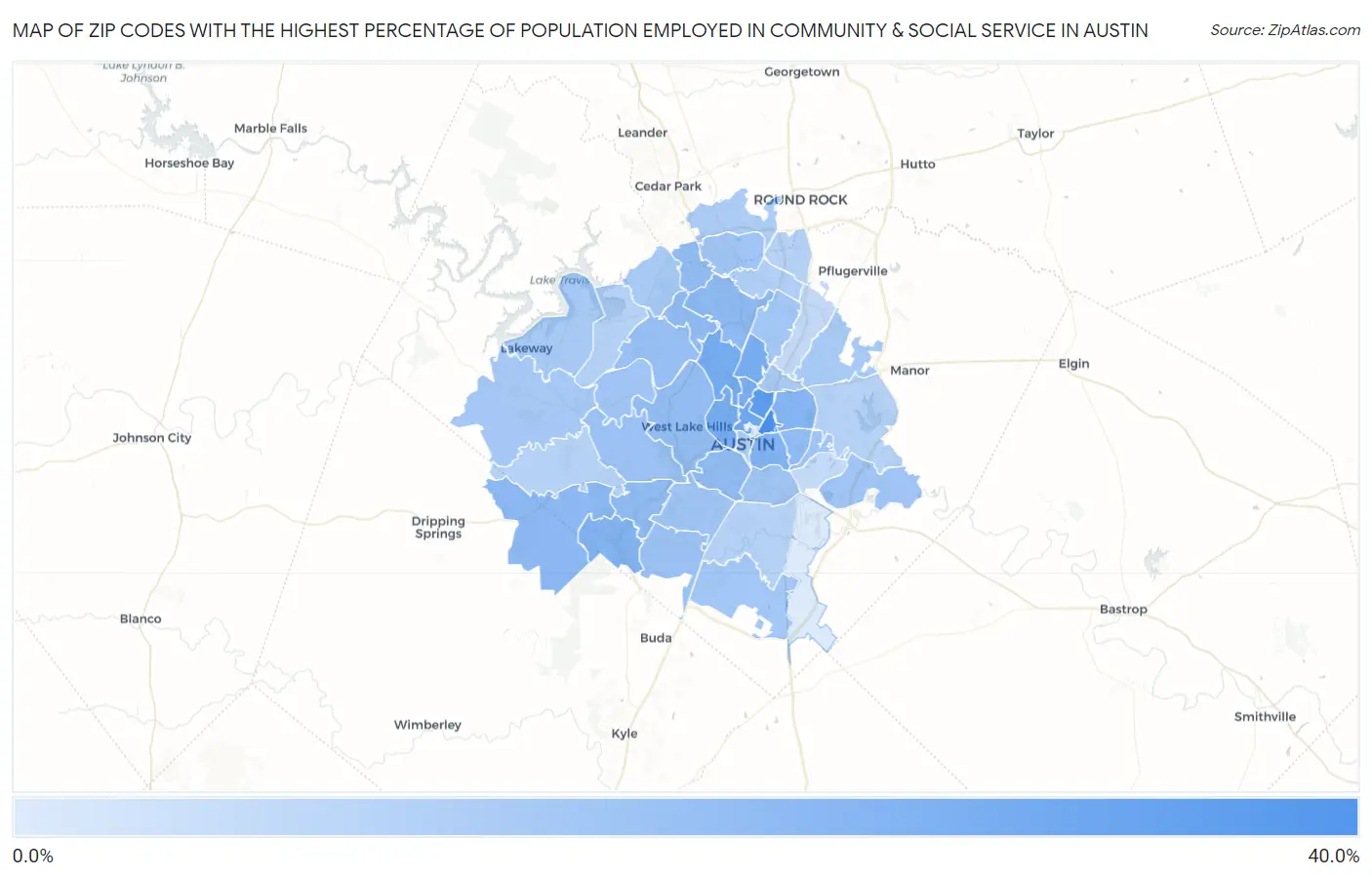 Zip Codes with the Highest Percentage of Population Employed in Community & Social Service  in Austin Map