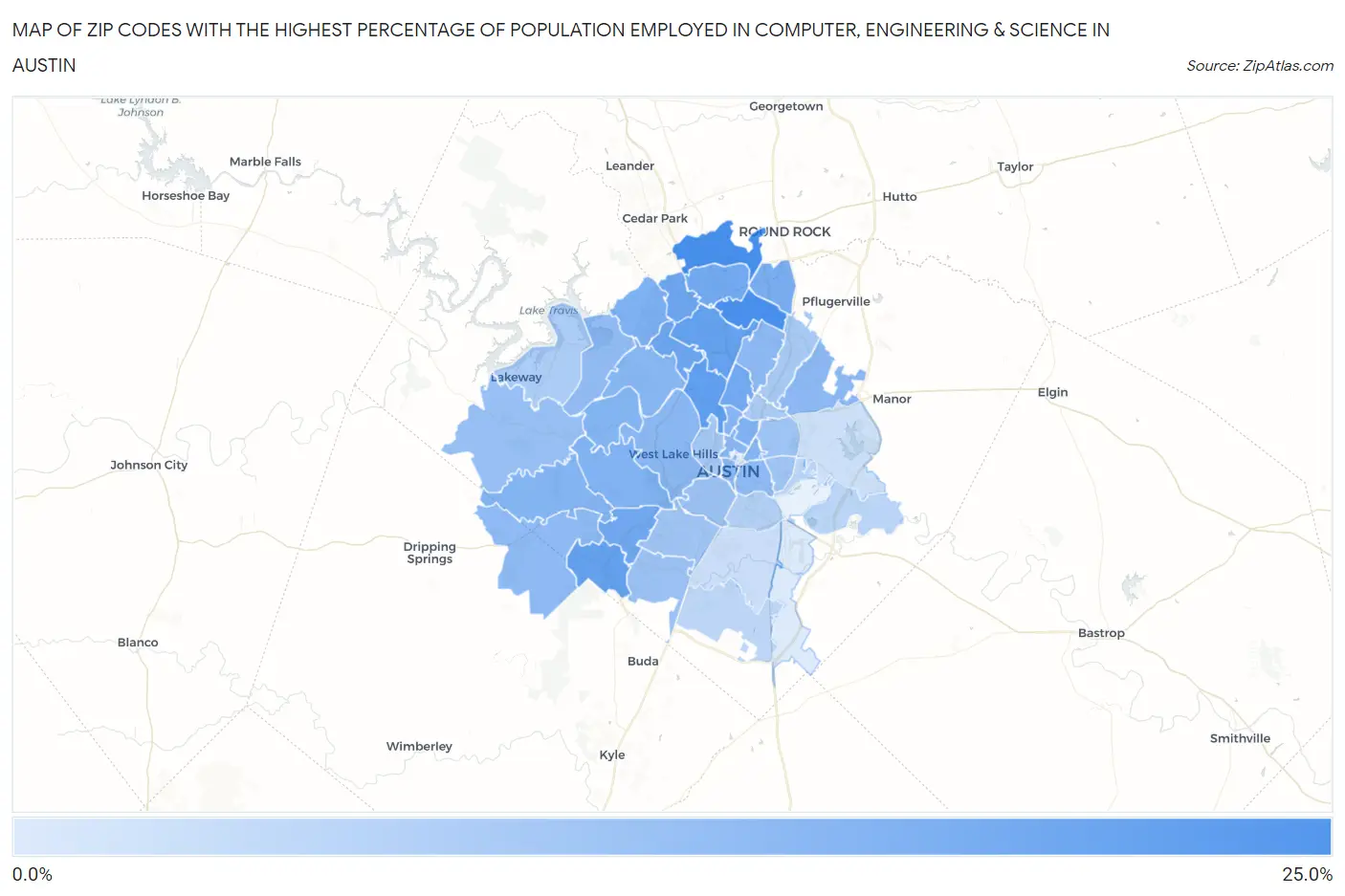 Zip Codes with the Highest Percentage of Population Employed in Computer, Engineering & Science in Austin Map