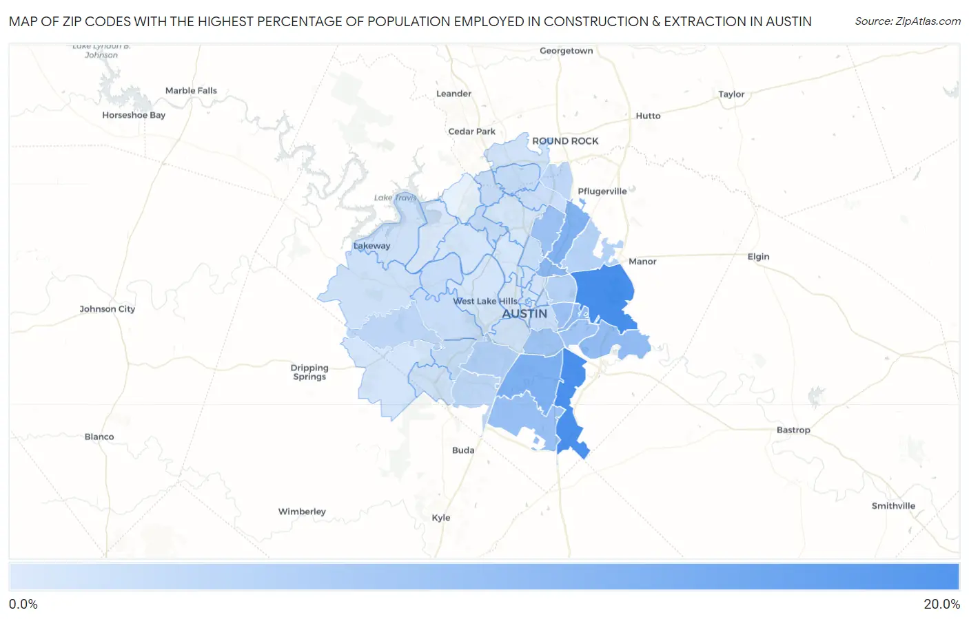 Zip Codes with the Highest Percentage of Population Employed in Construction & Extraction in Austin Map