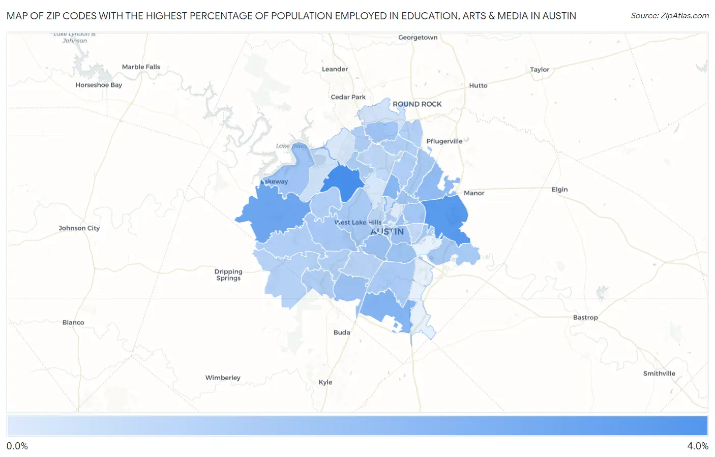 Zip Codes with the Highest Percentage of Population Employed in Education, Arts & Media in Austin Map