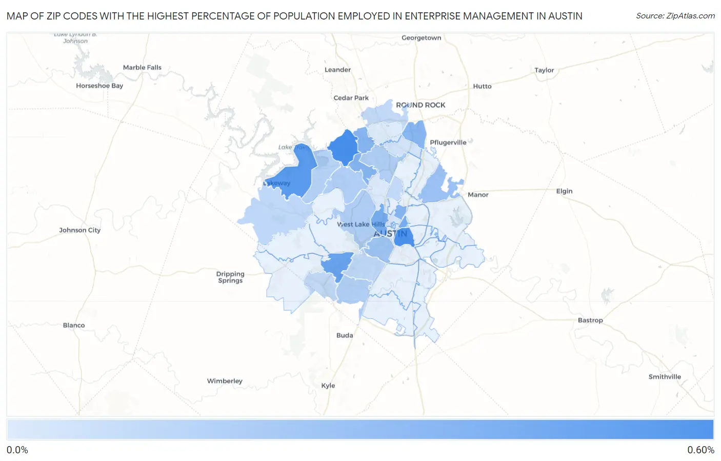 Zip Codes with the Highest Percentage of Population Employed in Enterprise Management in Austin Map