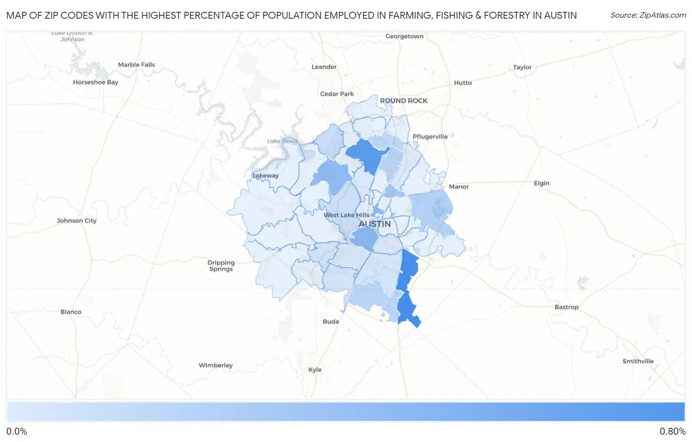Zip Codes with the Highest Percentage of Population Employed in Farming, Fishing & Forestry in Austin Map