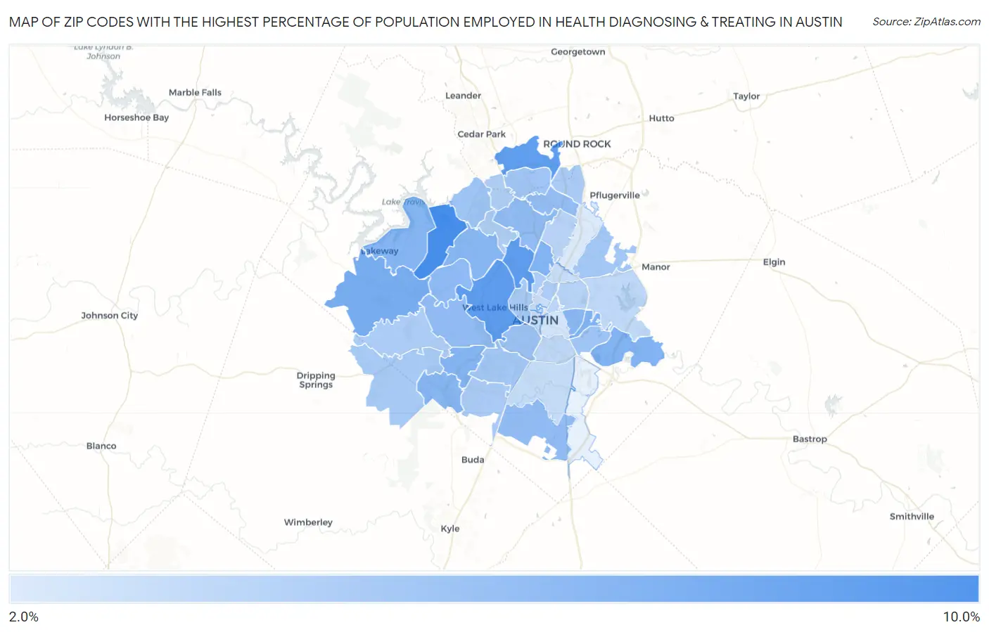 Zip Codes with the Highest Percentage of Population Employed in Health Diagnosing & Treating in Austin Map