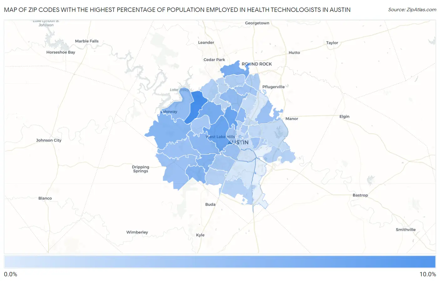 Zip Codes with the Highest Percentage of Population Employed in Health Technologists in Austin Map