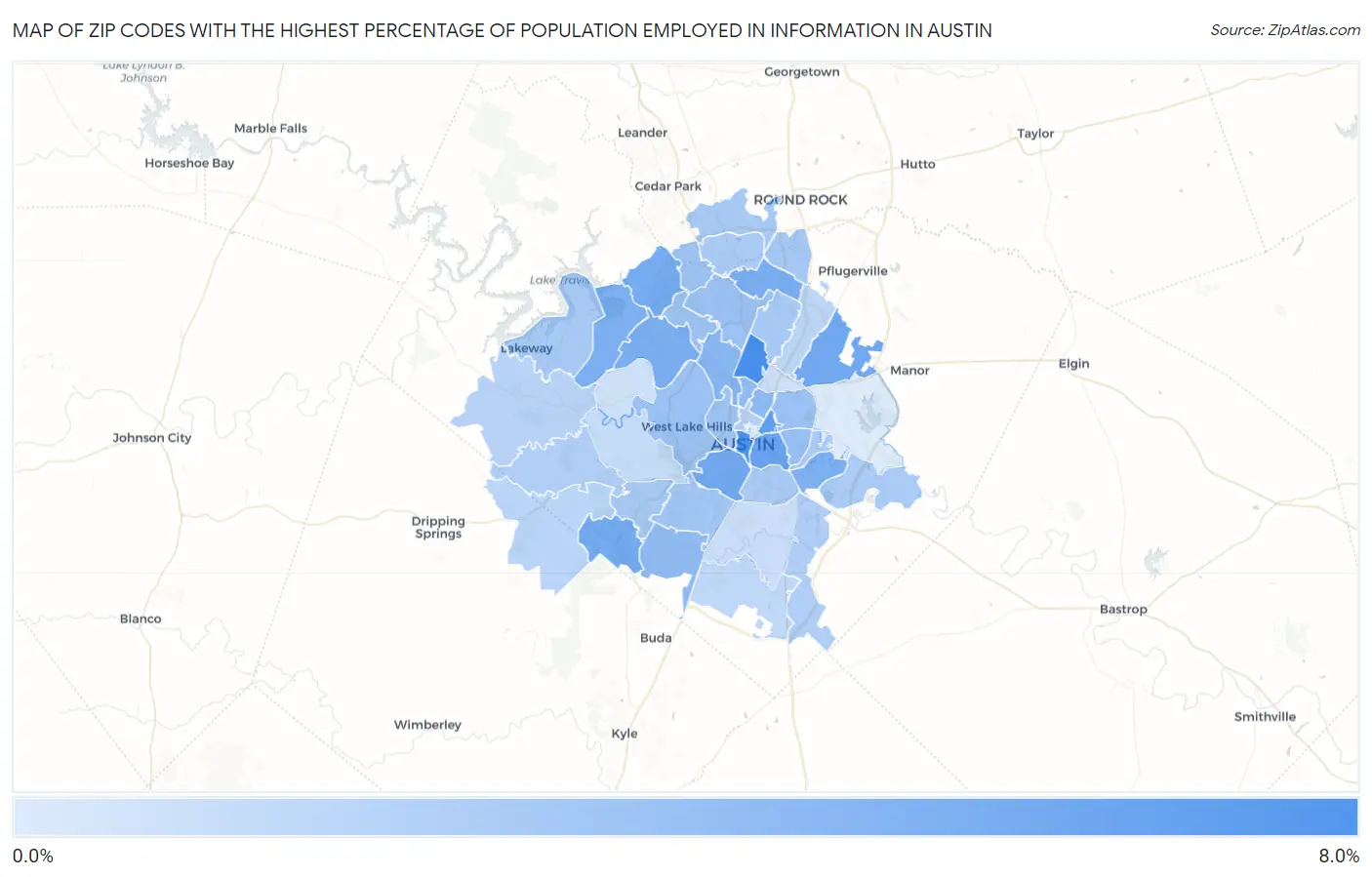 Zip Codes with the Highest Percentage of Population Employed in Information in Austin Map