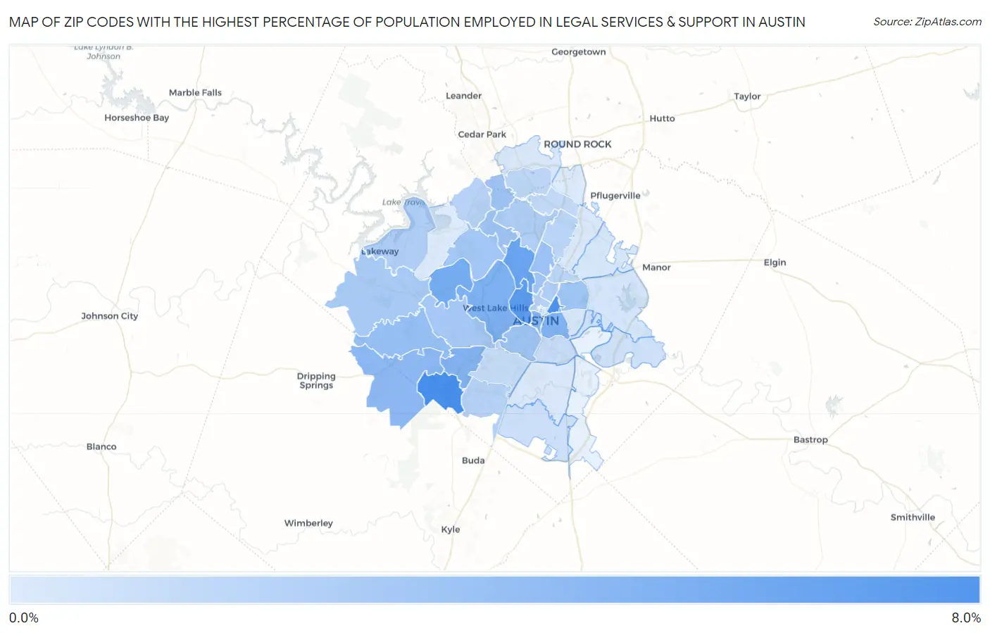 Zip Codes with the Highest Percentage of Population Employed in Legal Services & Support in Austin Map