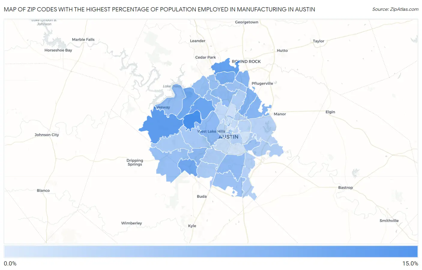 Zip Codes with the Highest Percentage of Population Employed in Manufacturing in Austin Map