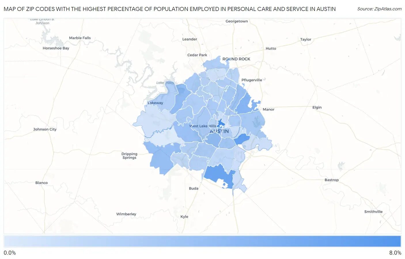 Zip Codes with the Highest Percentage of Population Employed in Personal Care and Service in Austin Map