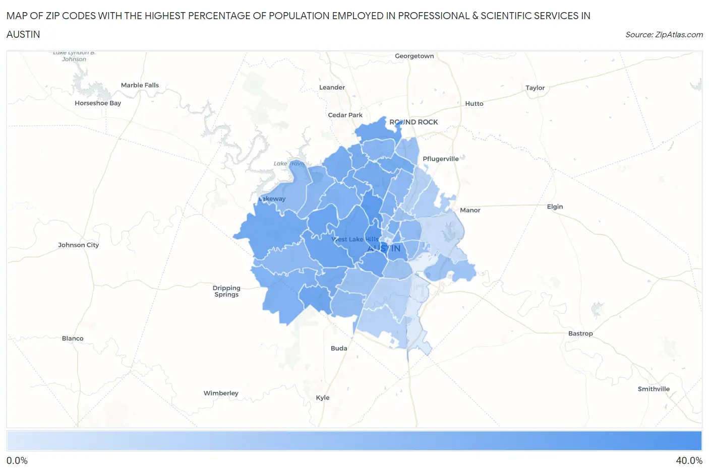 Zip Codes with the Highest Percentage of Population Employed in Professional & Scientific Services in Austin Map