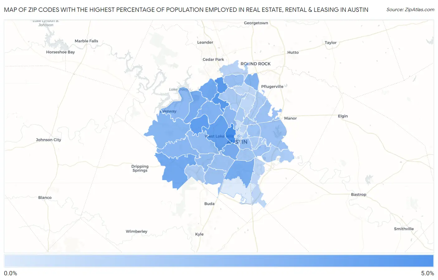Zip Codes with the Highest Percentage of Population Employed in Real Estate, Rental & Leasing in Austin Map