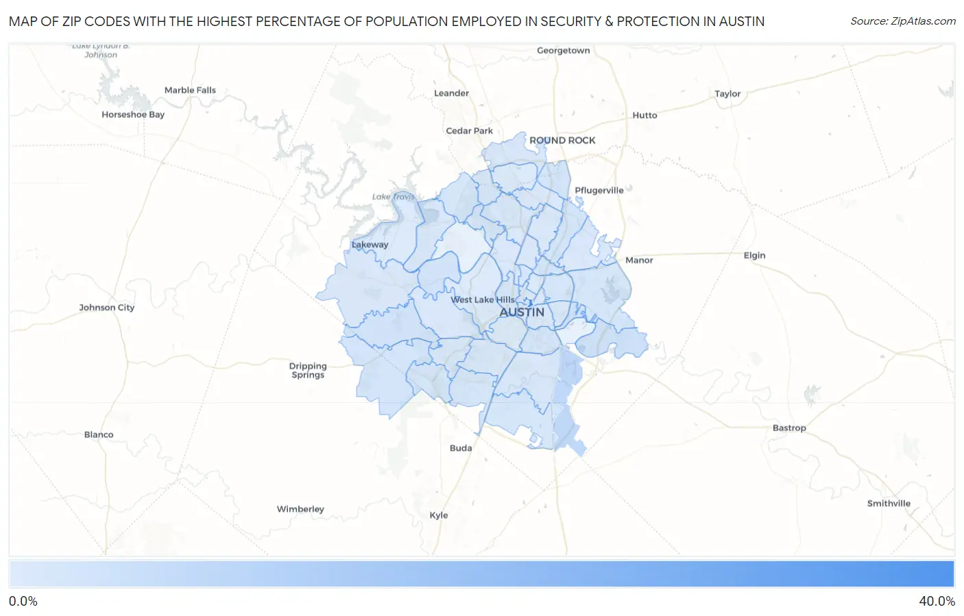 Zip Codes with the Highest Percentage of Population Employed in Security & Protection in Austin Map