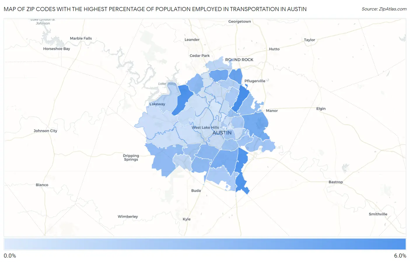 Zip Codes with the Highest Percentage of Population Employed in Transportation in Austin Map