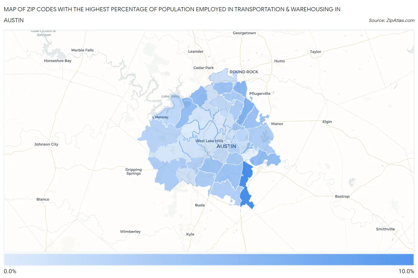 Zip Codes with the Highest Percentage of Population Employed in Transportation & Warehousing in Austin Map