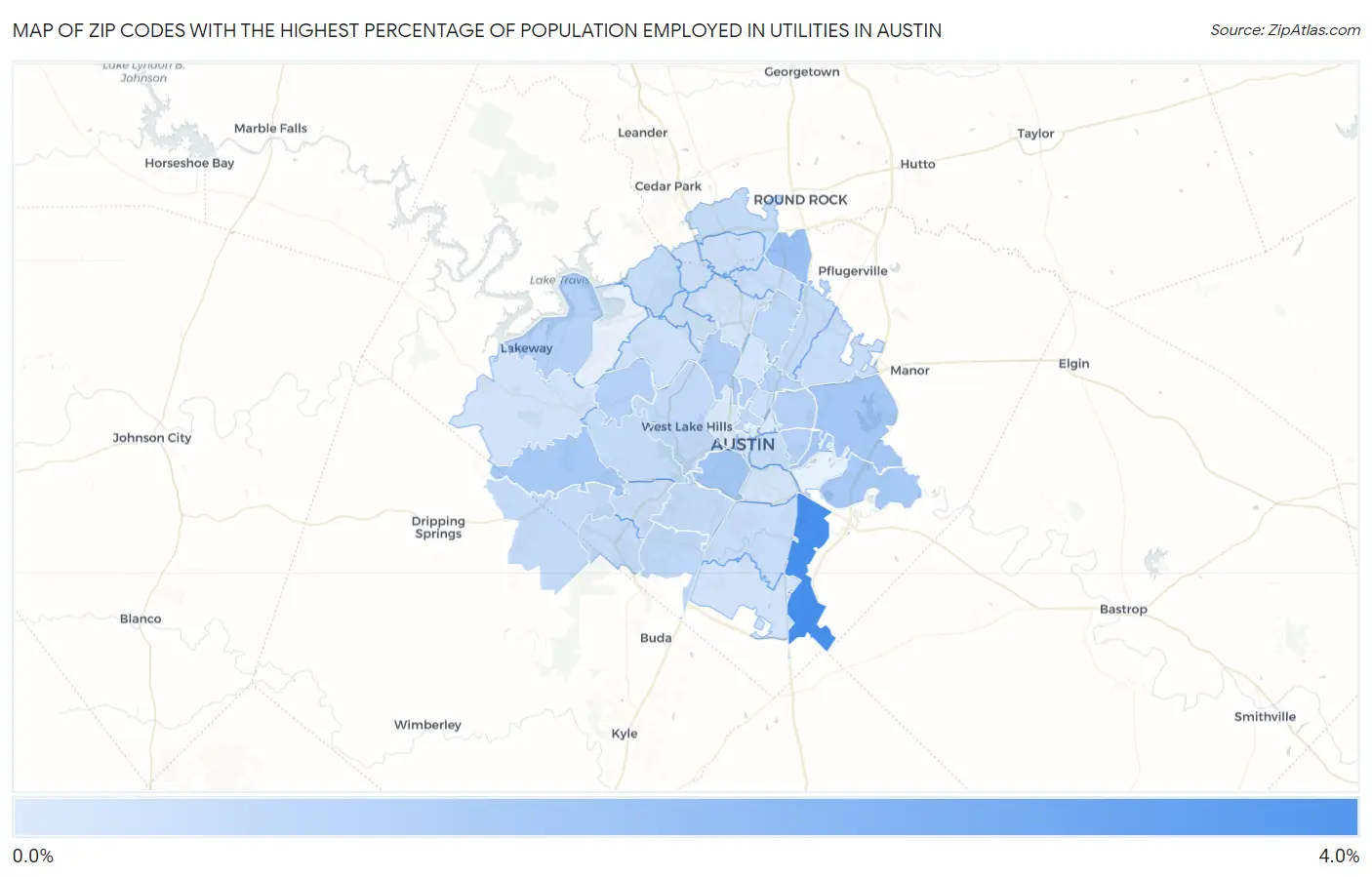 Zip Codes with the Highest Percentage of Population Employed in Utilities in Austin Map