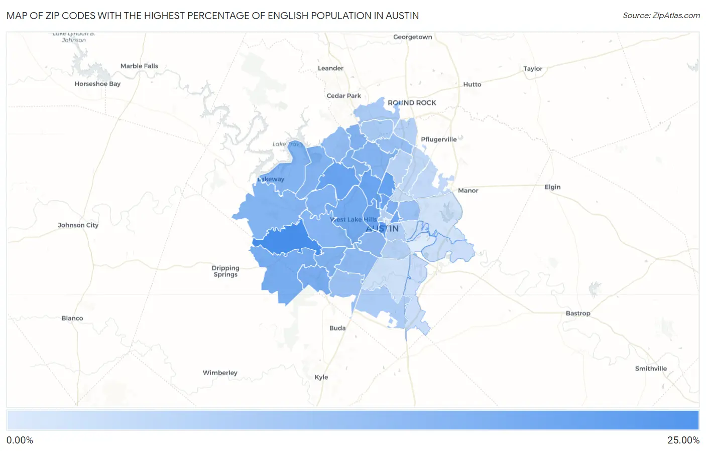 Zip Codes with the Highest Percentage of English Population in Austin Map