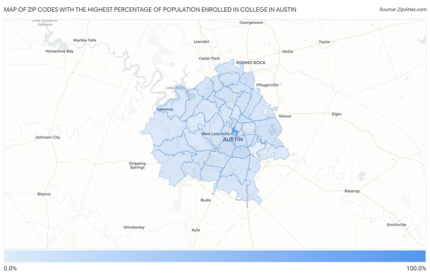 Zip Codes with the Highest Percentage of Population Enrolled in College in Austin Map