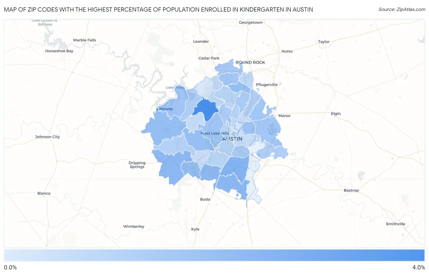 Zip Codes with the Highest Percentage of Population Enrolled in Kindergarten in Austin Map