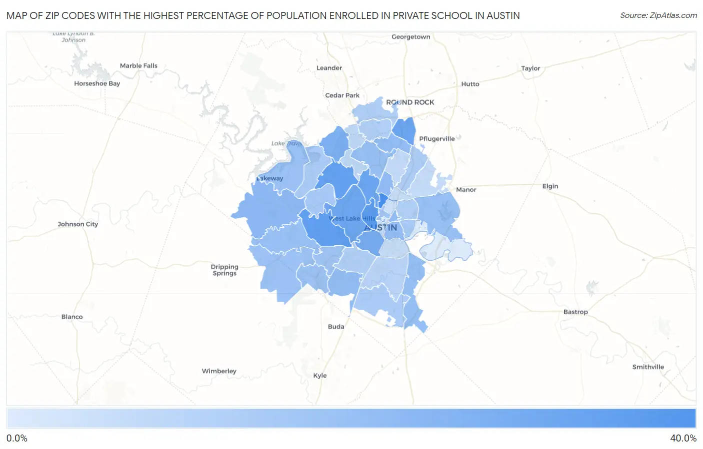 Zip Codes with the Highest Percentage of Population Enrolled in Private School in Austin Map