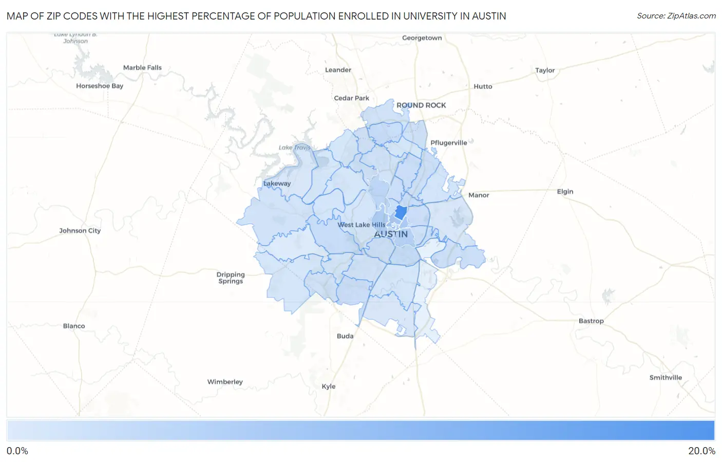 Zip Codes with the Highest Percentage of Population Enrolled in University in Austin Map