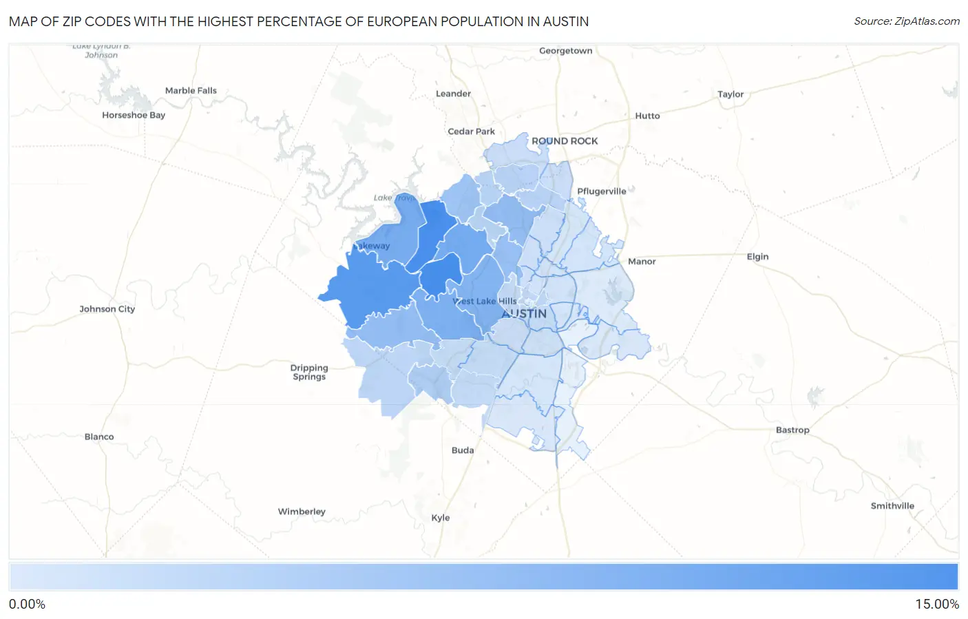 Zip Codes with the Highest Percentage of European Population in Austin Map