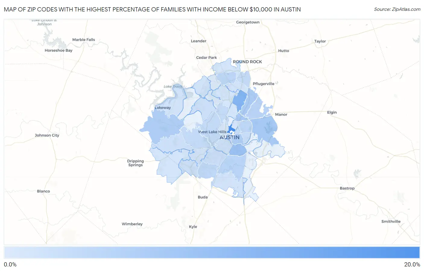 Zip Codes with the Highest Percentage of Families with Income Below $10,000 in Austin Map