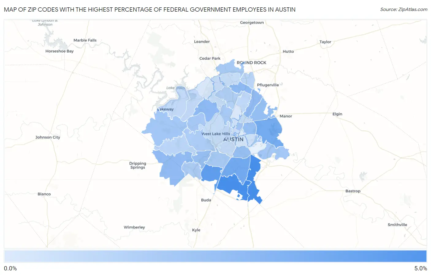 Zip Codes with the Highest Percentage of Federal Government Employees in Austin Map