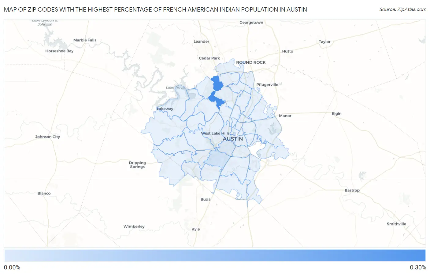 Zip Codes with the Highest Percentage of French American Indian Population in Austin Map