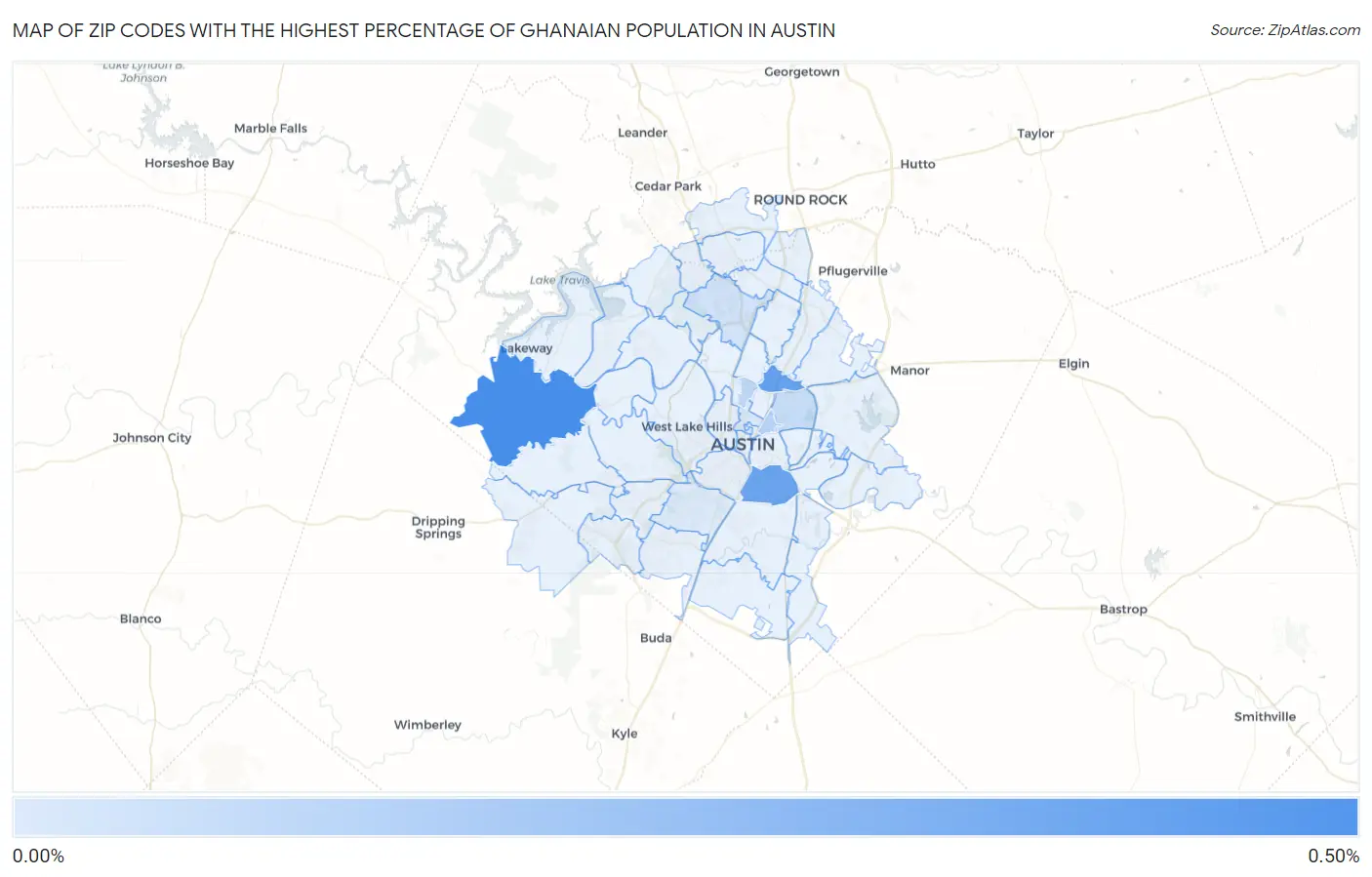 Zip Codes with the Highest Percentage of Ghanaian Population in Austin Map