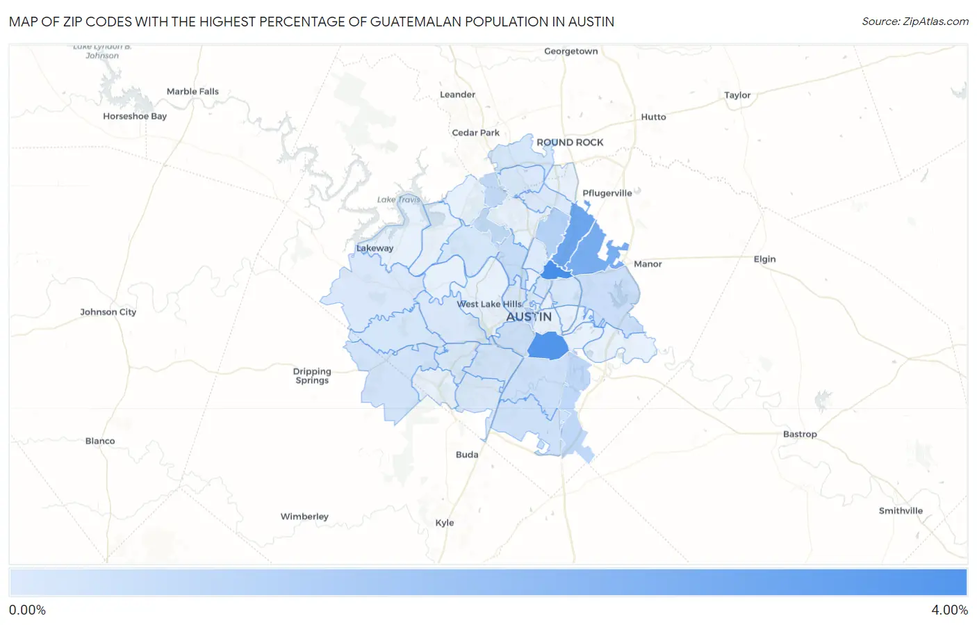 Zip Codes with the Highest Percentage of Guatemalan Population in Austin Map