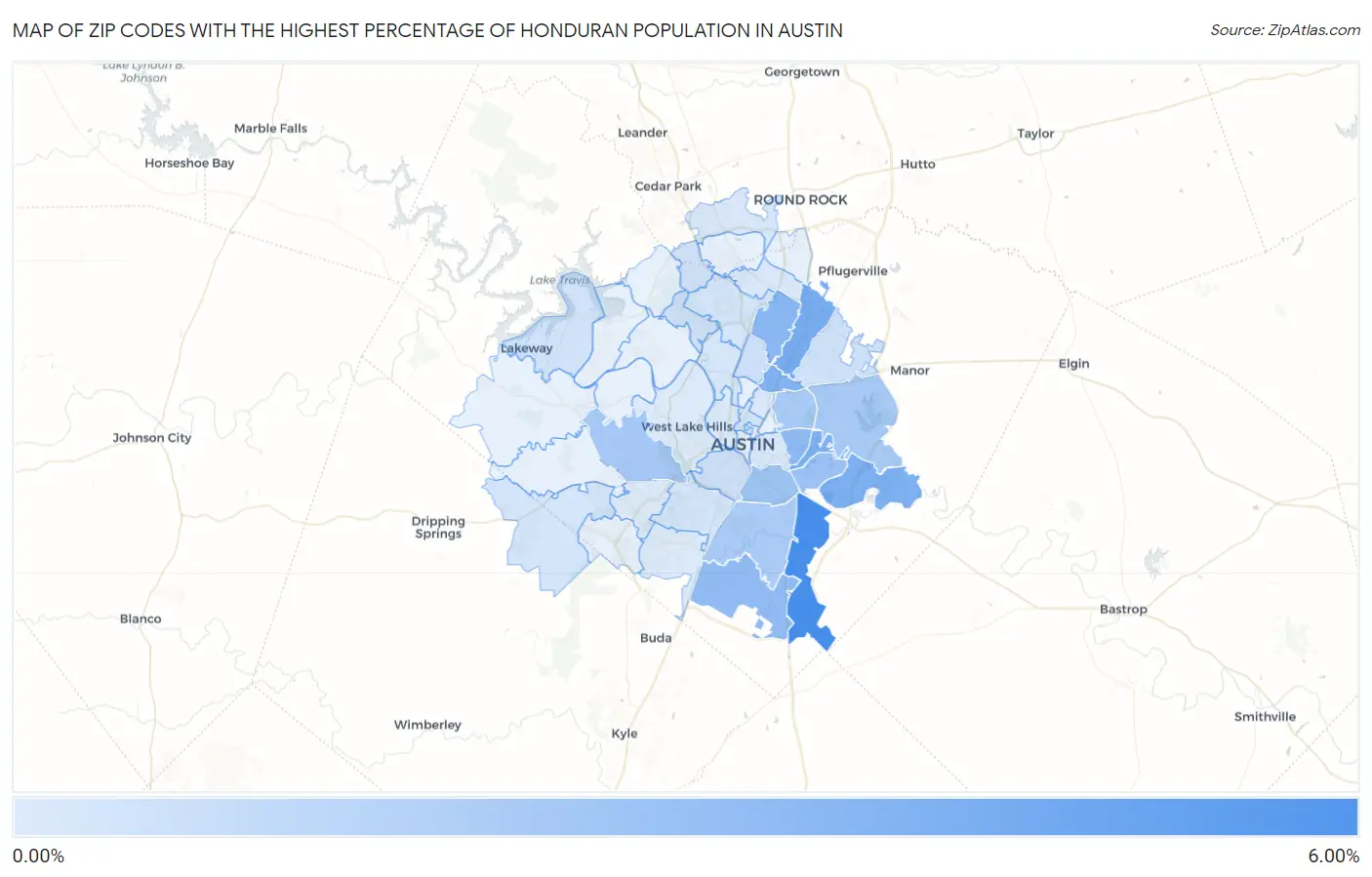 Zip Codes with the Highest Percentage of Honduran Population in Austin Map