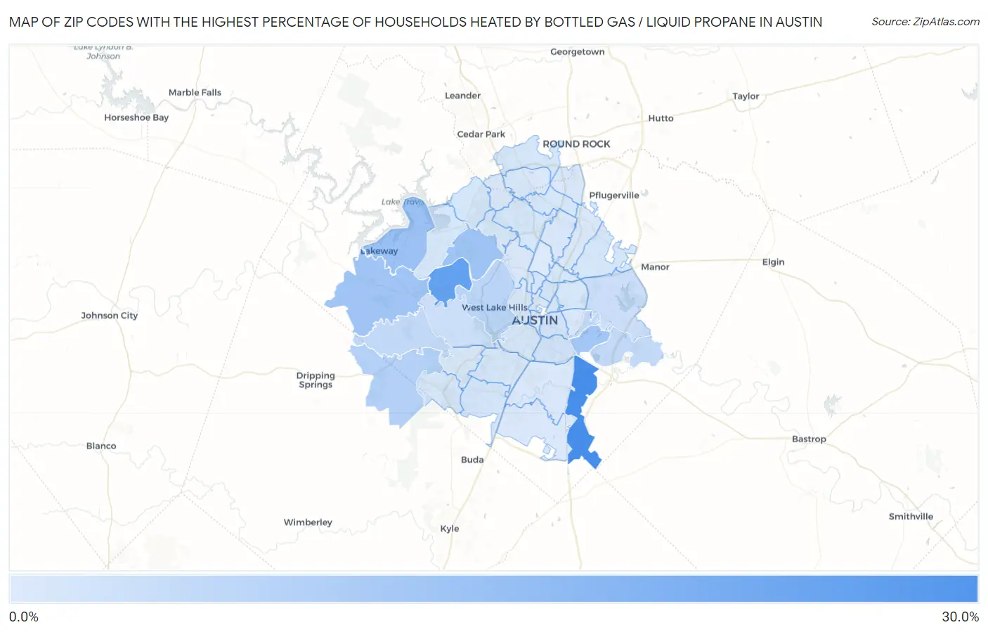 Zip Codes with the Highest Percentage of Households Heated by Bottled Gas / Liquid Propane in Austin Map