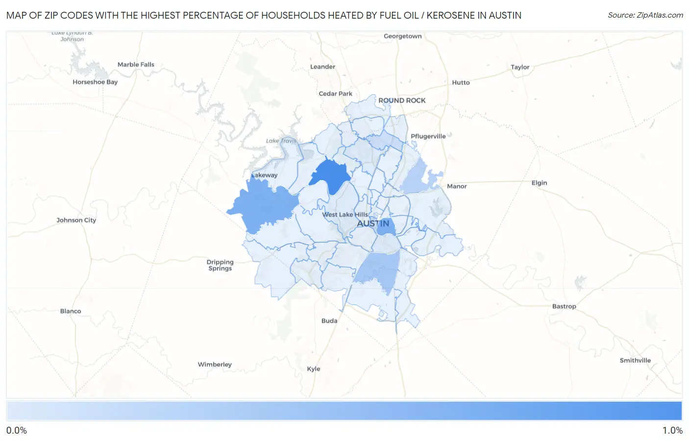 Zip Codes with the Highest Percentage of Households Heated by Fuel Oil / Kerosene in Austin Map
