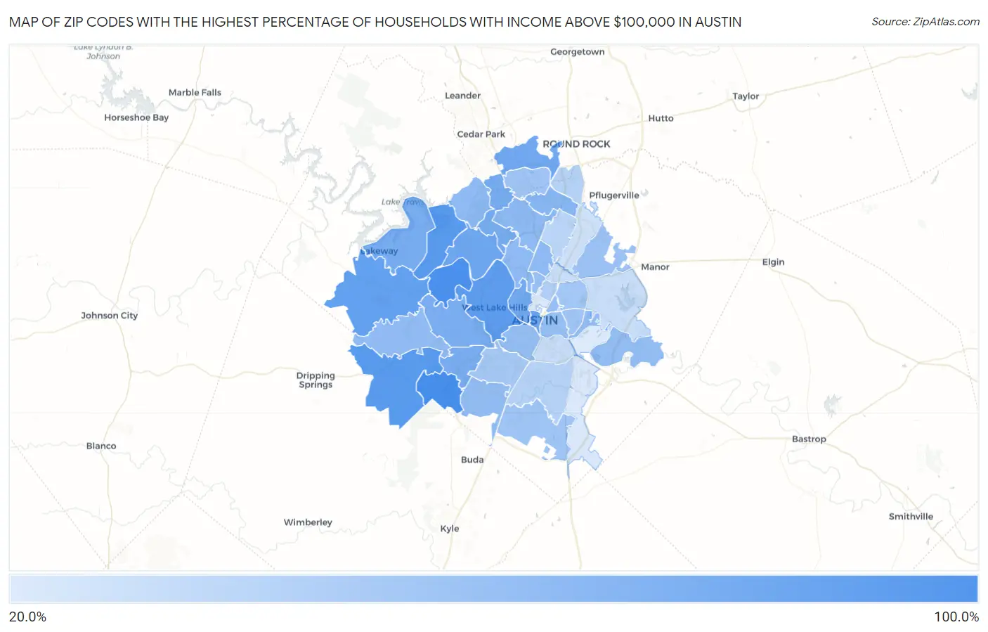 Zip Codes with the Highest Percentage of Households with Income Above $100,000 in Austin Map
