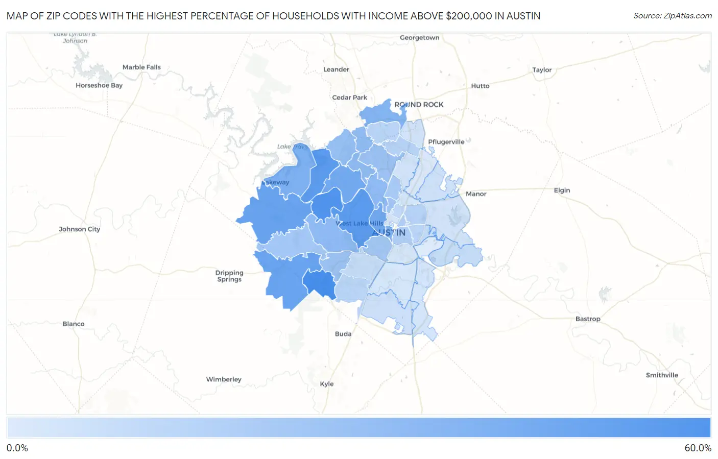 Zip Codes with the Highest Percentage of Households with Income Above $200,000 in Austin Map