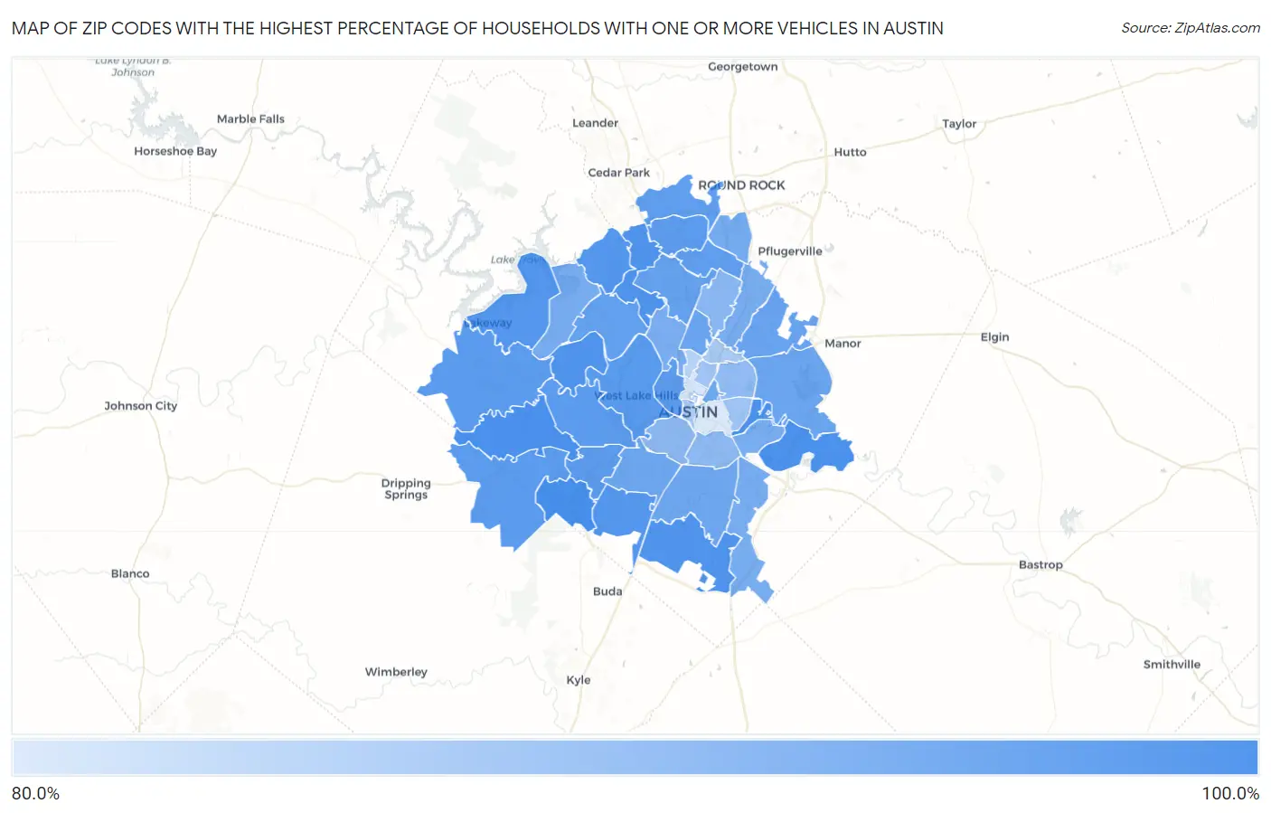 Zip Codes with the Highest Percentage of Households With One or more Vehicles in Austin Map