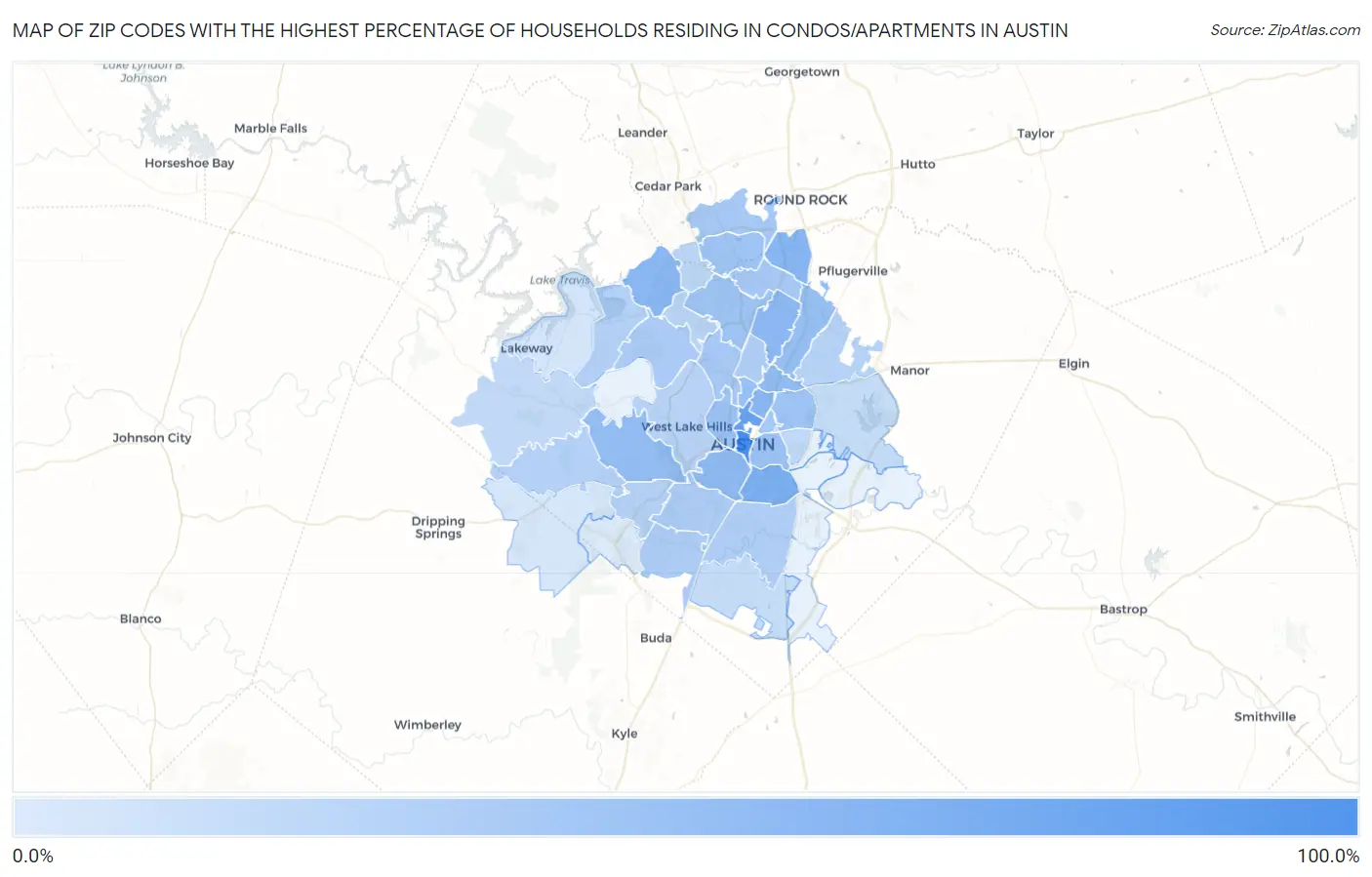 Zip Codes with the Highest Percentage of Households Residing in Condos/Apartments in Austin Map