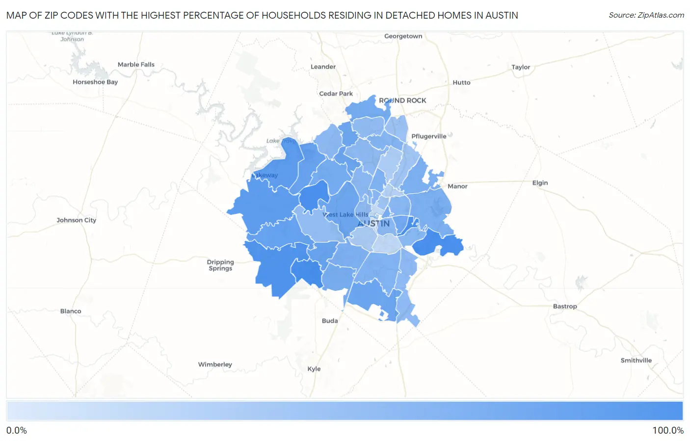 Zip Codes with the Highest Percentage of Households Residing in Detached Homes in Austin Map
