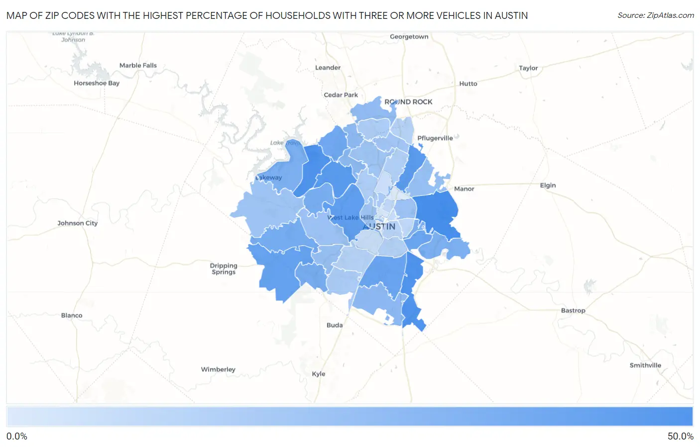 Zip Codes with the Highest Percentage of Households With Three or more Vehicles in Austin Map