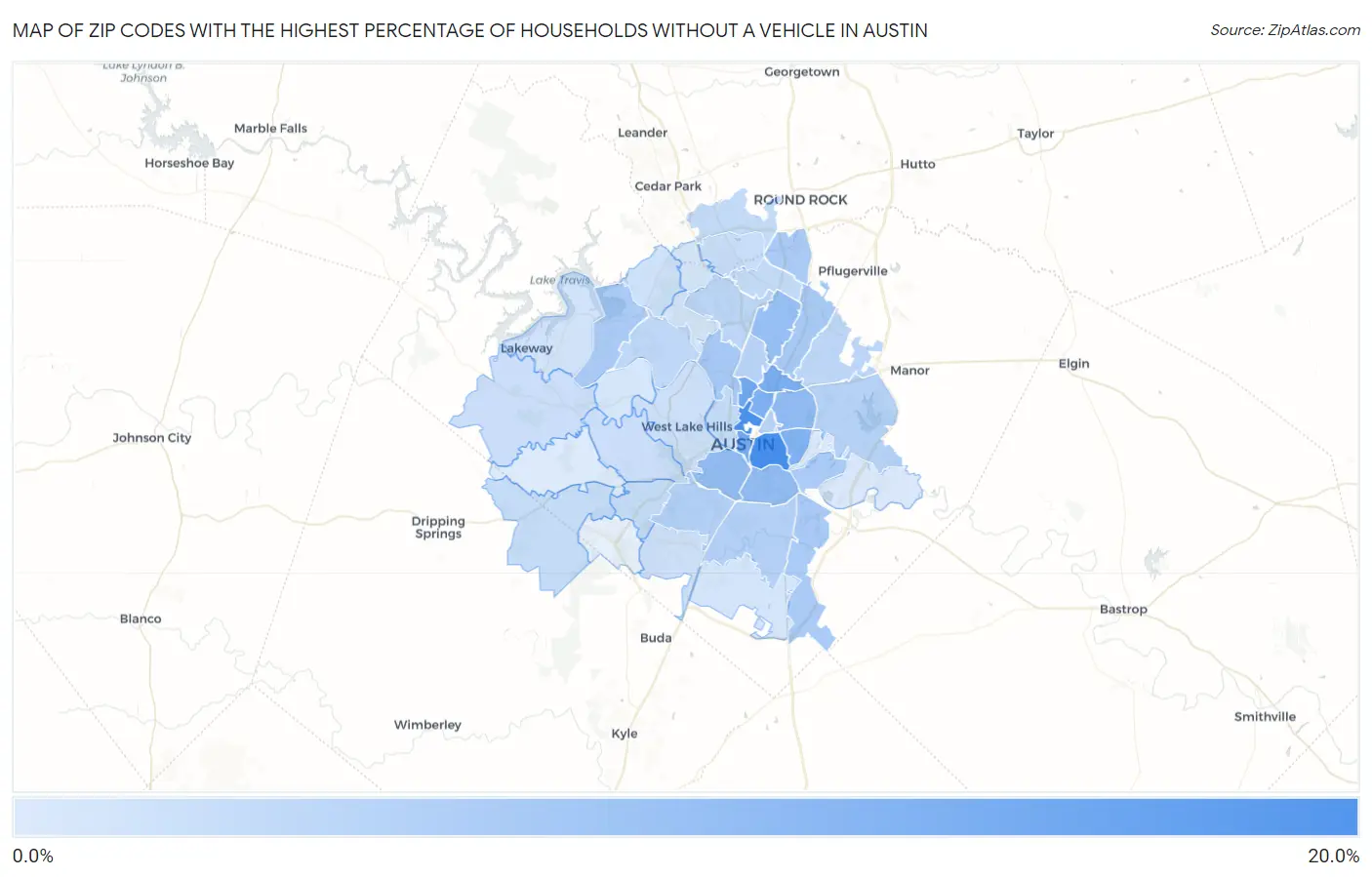 Zip Codes with the Highest Percentage of Households Without a Vehicle in Austin Map