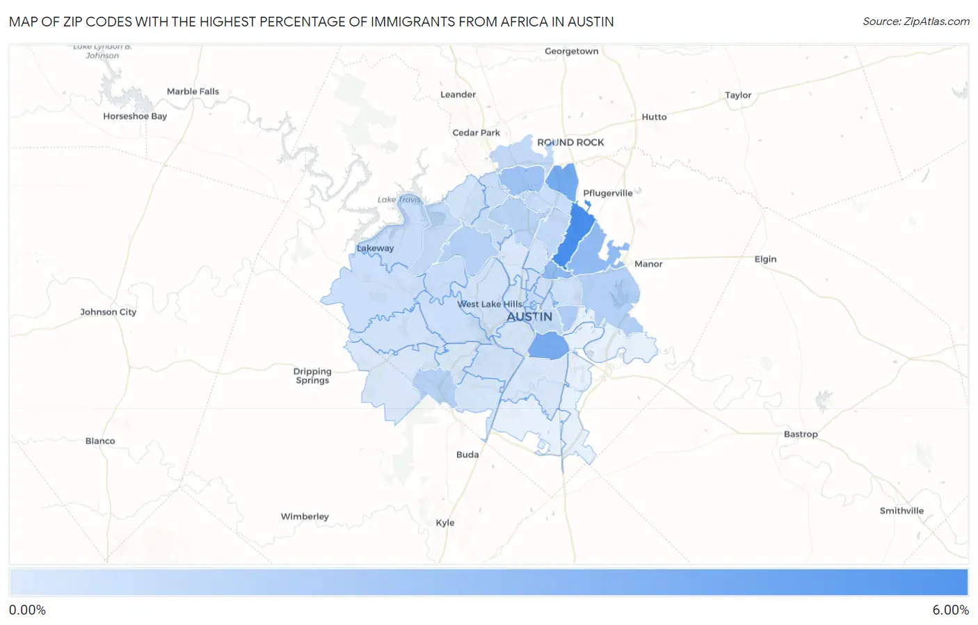 Zip Codes with the Highest Percentage of Immigrants from Africa in Austin Map